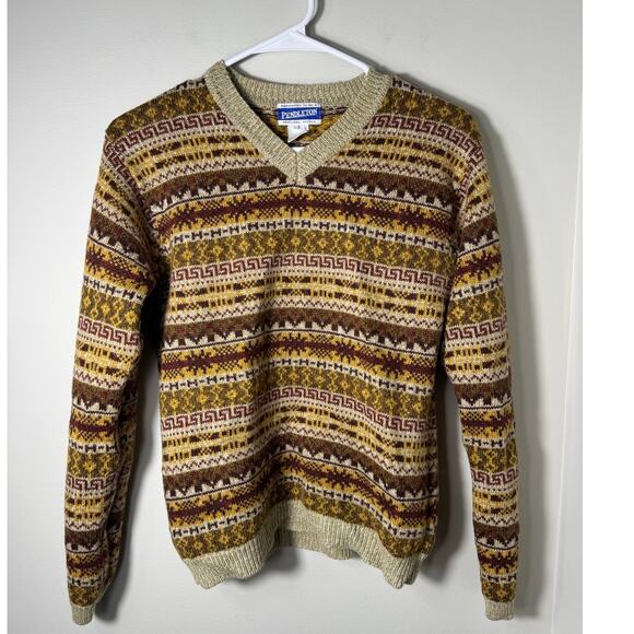 Pendleton Sweaters - Vintage Pendleton Fair Isle Tan Beige Wool Sweater Size Small